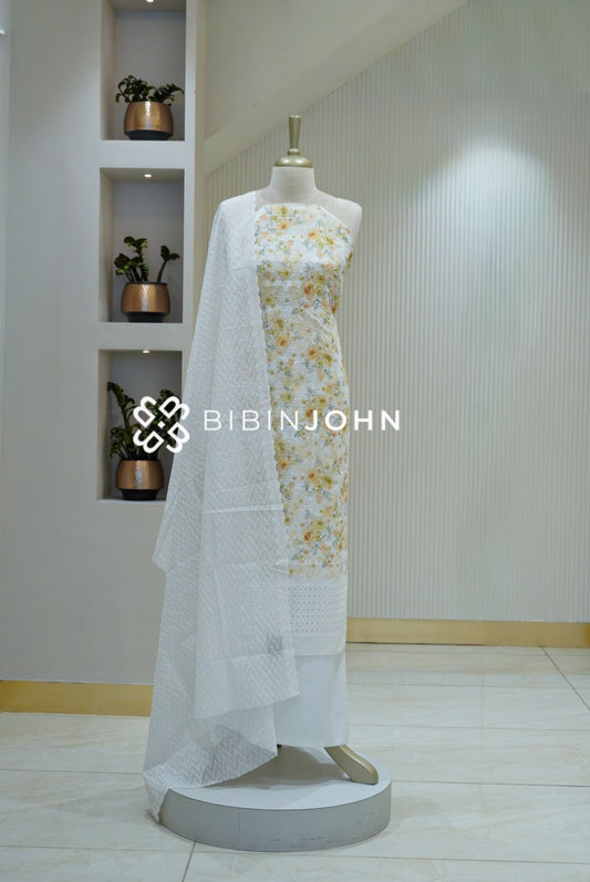 Cotton Embroidery Unstitched Salwar Suit Material White BJ2120