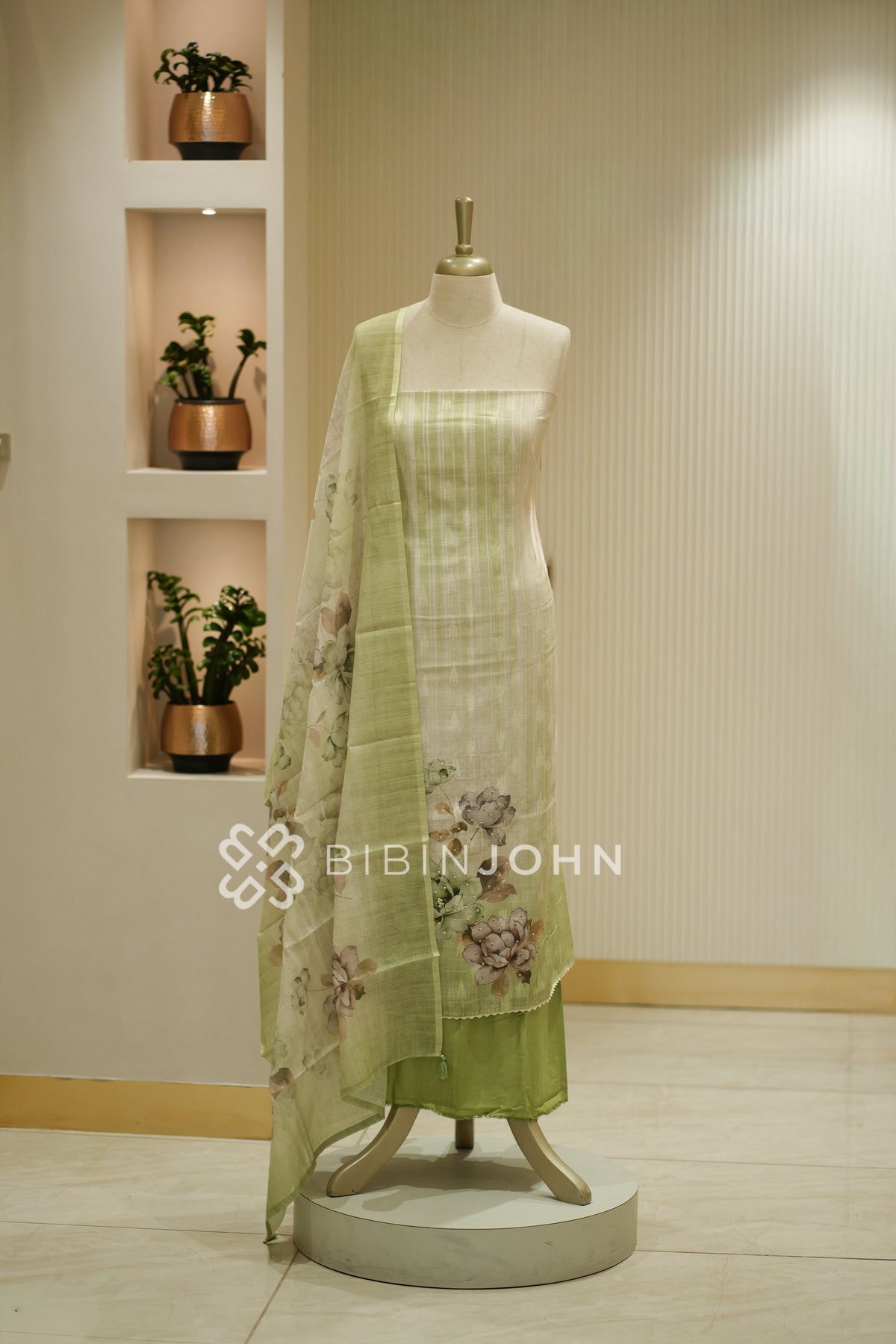 Printed Art Linen Unstitched Salwar Suit Material  Pastel Pistachio Green BJ2375