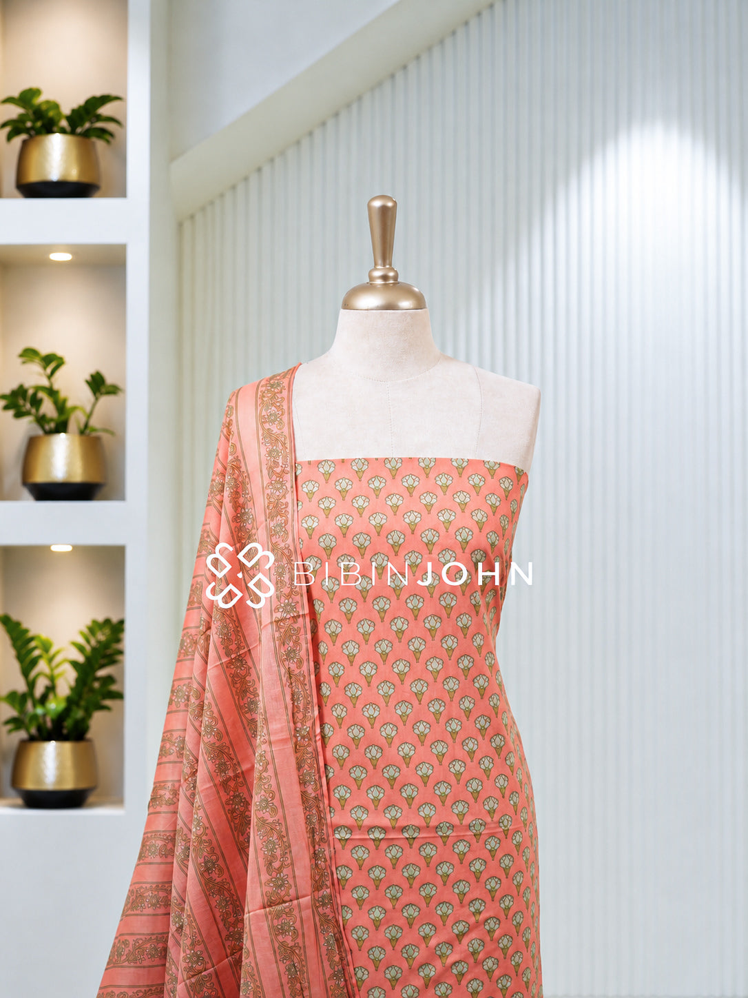 Printed Cotton Unstitched Salwar Suit Material Coral Peach BJ1955