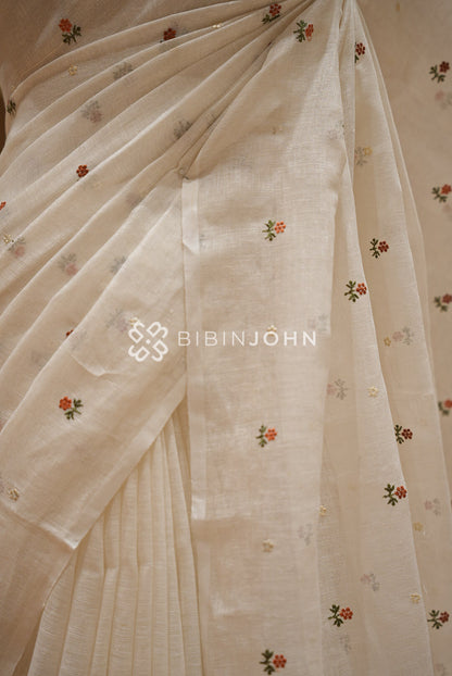 Linen Embroidery Saree Ivory-White BJ0944