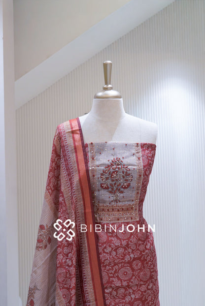 Printed Silk Embroidery Unstitched Salwar Suit Material Dusty Coral Red BJ1707
