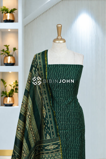 Printed Chanderi Unstitched Salwar Suit Material Deep Bottle Green BJ2052
