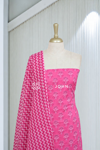 Printed Cotton Unstitched Salwar Suit Material Bright Rani Pink BJ2071