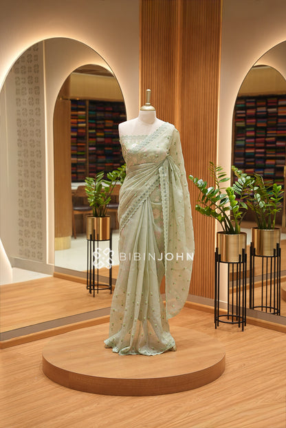 Cotta Embroidery Saree For Women Sage Green