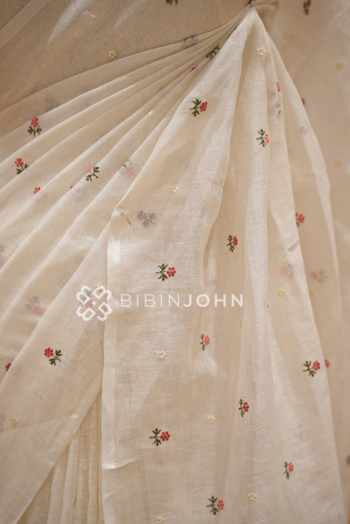 Linen Embroidery Saree Ivory-White BJ0943
