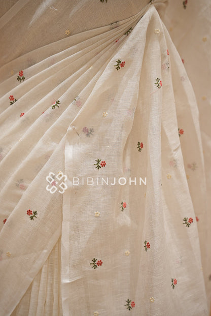 Linen Embroidery Saree Ivory-White BJ0943