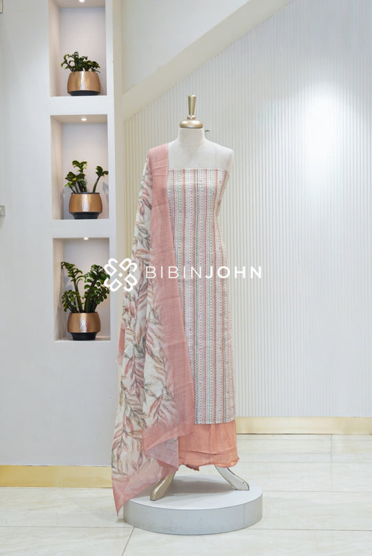 Linen Embroidery Unstitched Salwar Suit Material Ivory White with Dusty Pink BJ2362