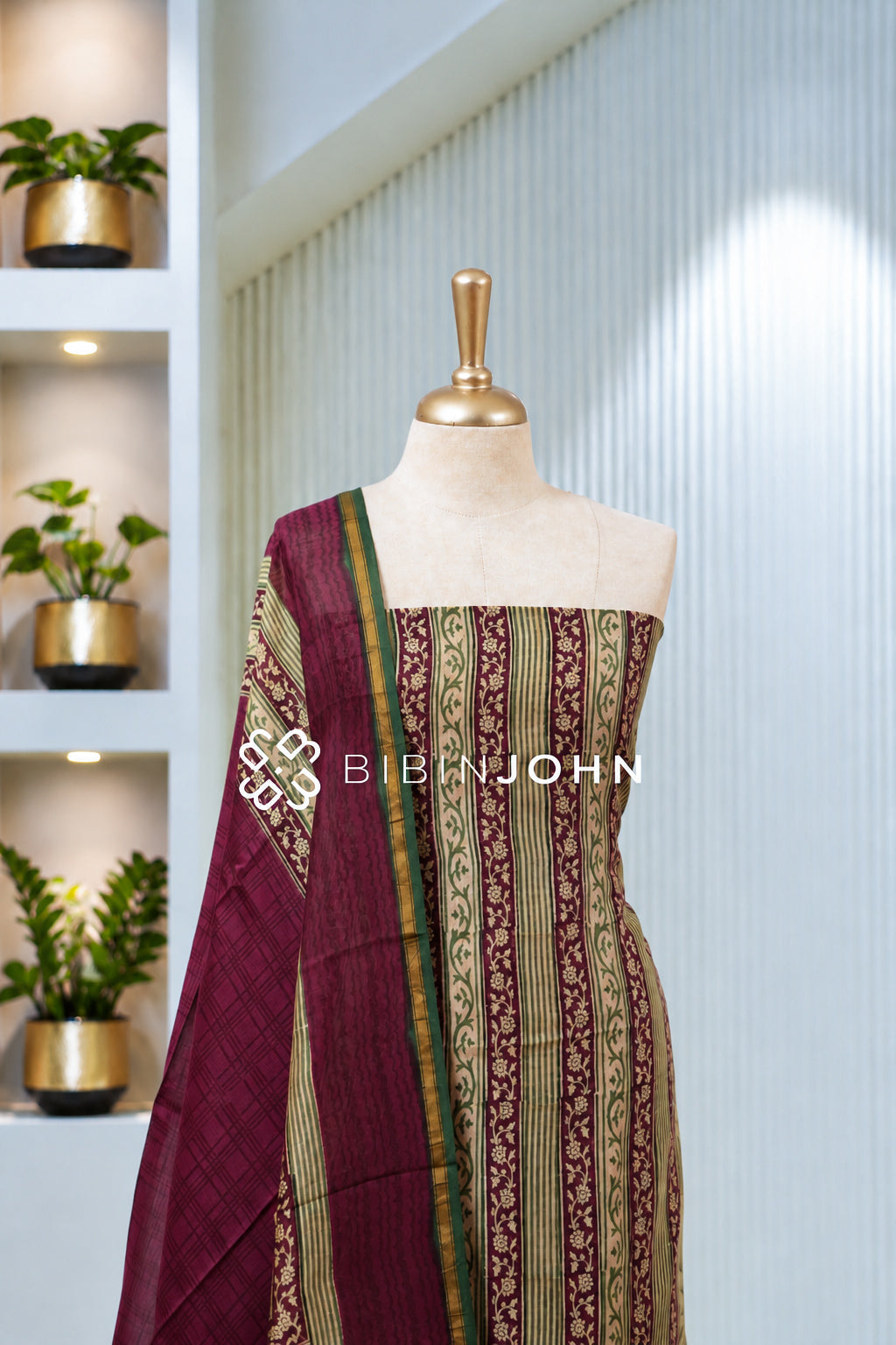Printed Chanderi Unstitched Salwar Suit Material Wine Maroon With Olive Green BJ1972