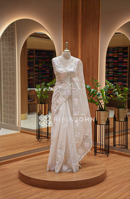 Organza Embroidery Saree White BJ1018