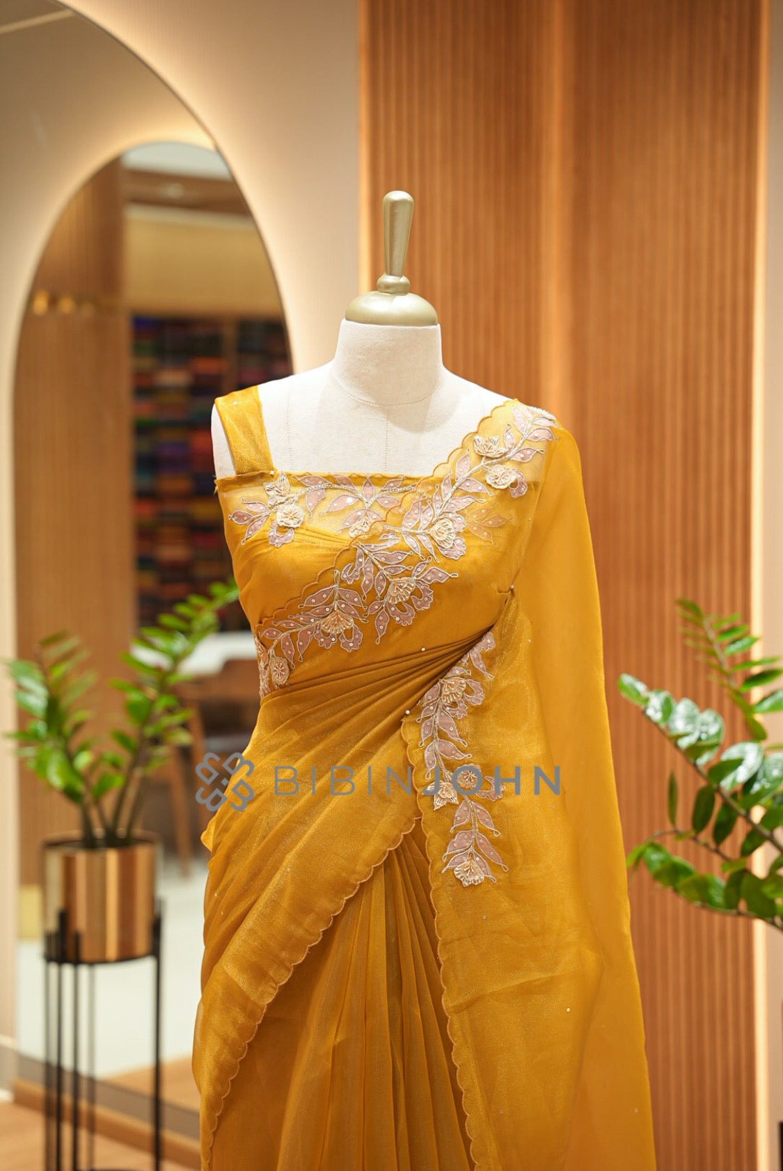 Tissue Organza Embroidery Saree For Women Mustard Gold close view