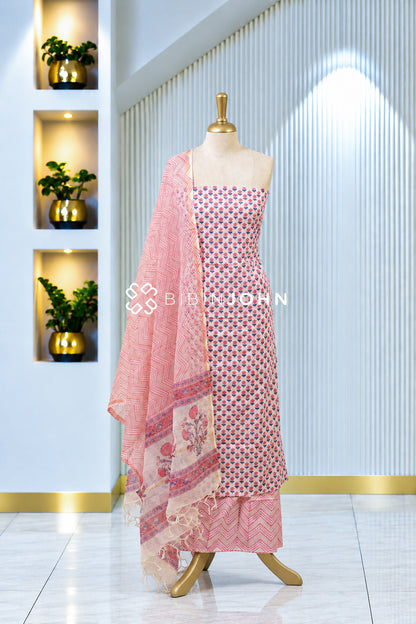 Printed Cotton Unstitched Salwar Suit Material Ivory with Pink BJ1992