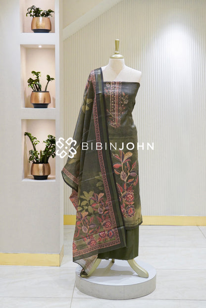 Art Tissue Linen Unstitched Salwar Suit Material Dark Olive Green BJ2481