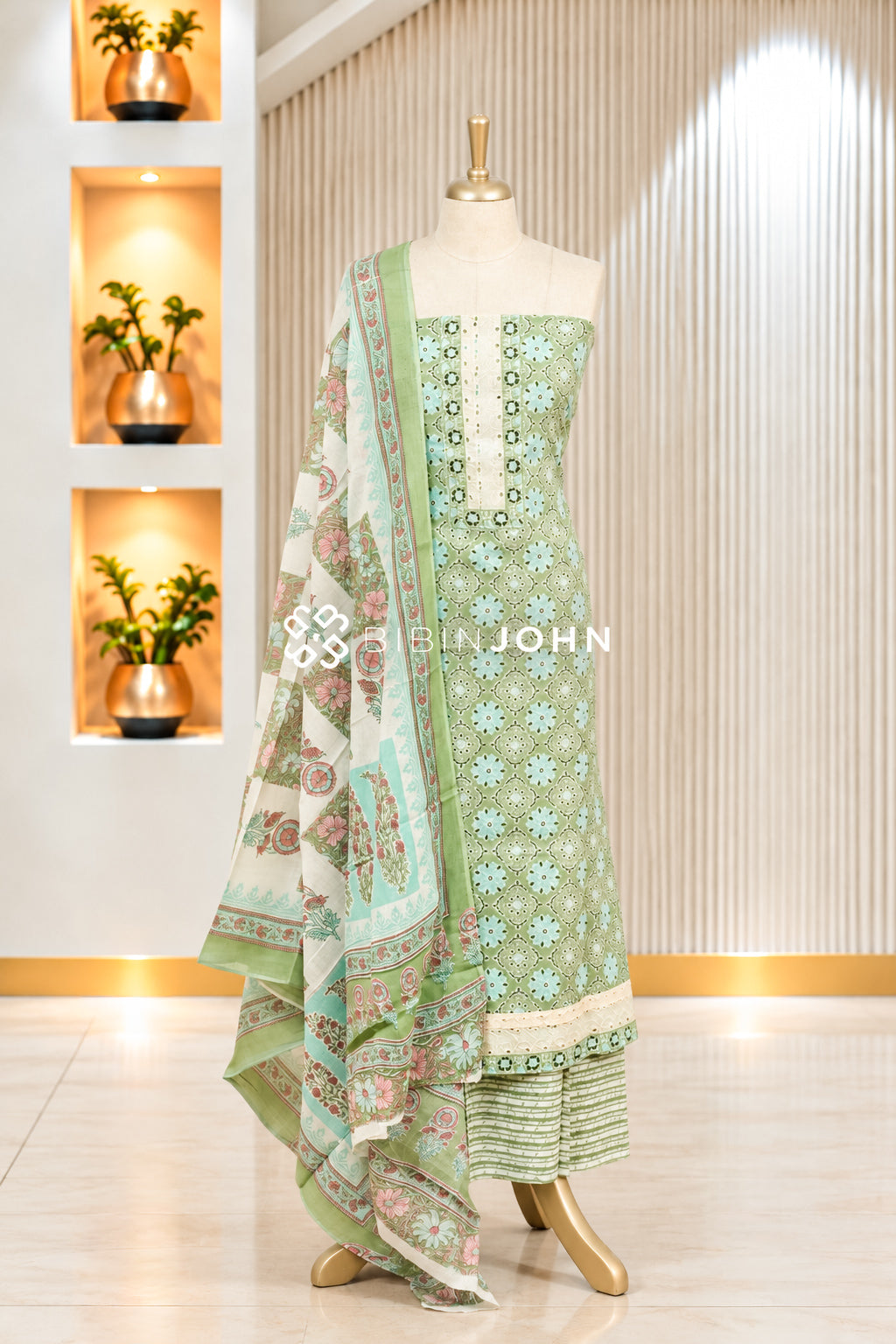 Printed Cotton Unstitched Salwar Suit Material Pastel Mint Green BJ1944