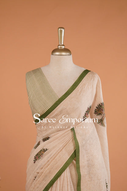 Art Linen Embroidery Saree For Women Beige & Green BJ0570