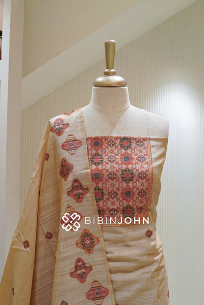 Printed Semi Silk Unstitched Salwar Suit Material Champagne Beige With Coral Pink BJ2760