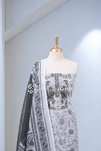 Chanderi Embroidery Unstitched Salwar Suit Material Light Grey BJ2023