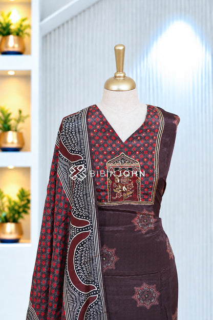 Semistitched Muslin Embroidery Salwar Suit Material  Dark Chocolate Brown BJ2064