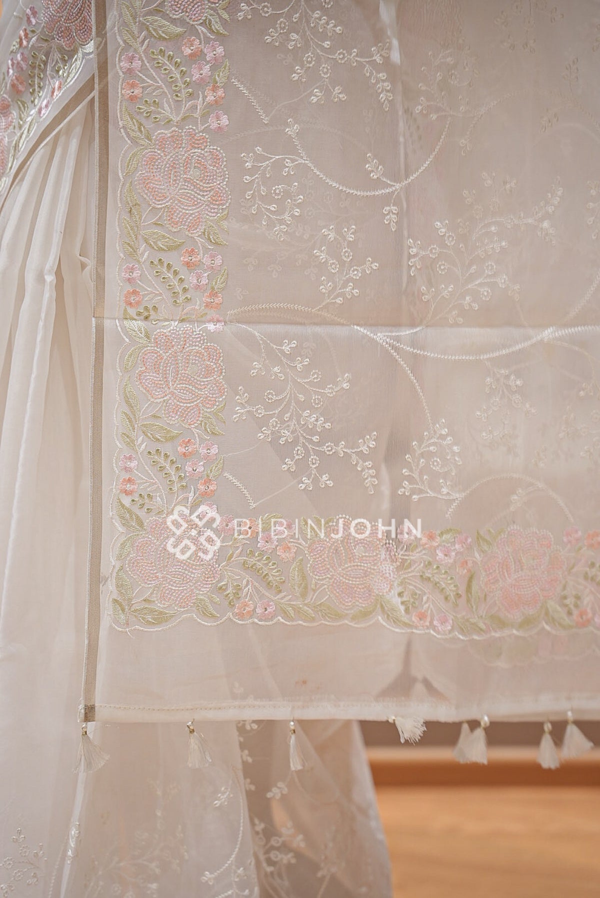 Organza Embroidery Saree White BJ1017