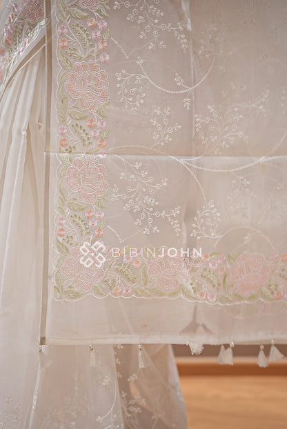 Organza Embroidery Saree White BJ1017