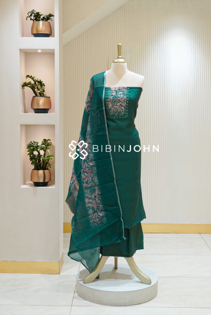 Art Linen Embroidery Unstitched Salwar Suit Material Deep Teal Green BJ2734