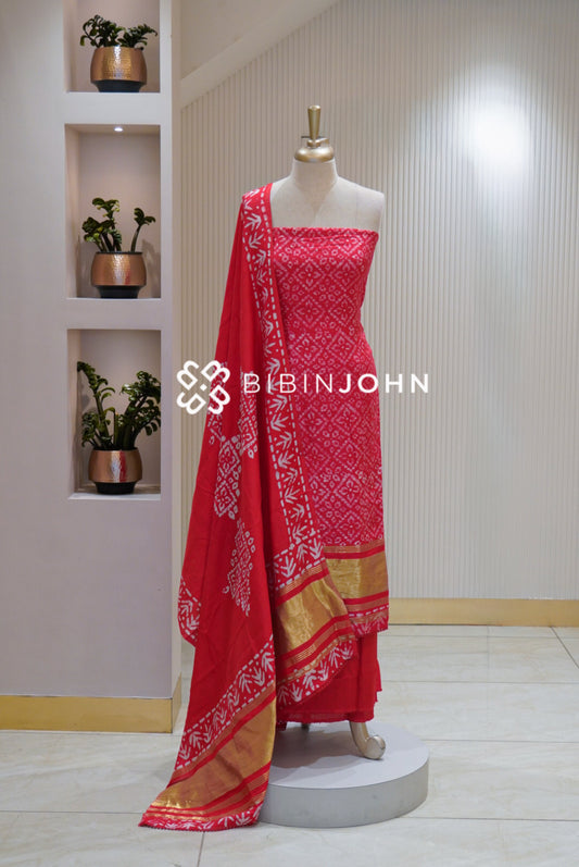 Semi Silk Batik Unstitched Salwar Suit Material Scarlet Red BJ2158