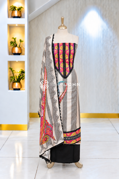 Muslin Embroidery Unstitched Salwar Suit Material Ivory White With Black BJ2066