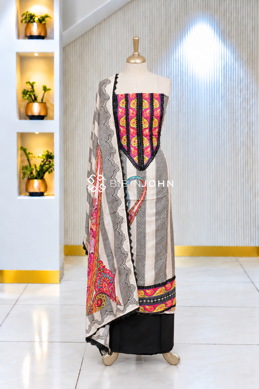Muslin Embroidery Unstitched Salwar Suit Material Ivory White With Black BJ2066