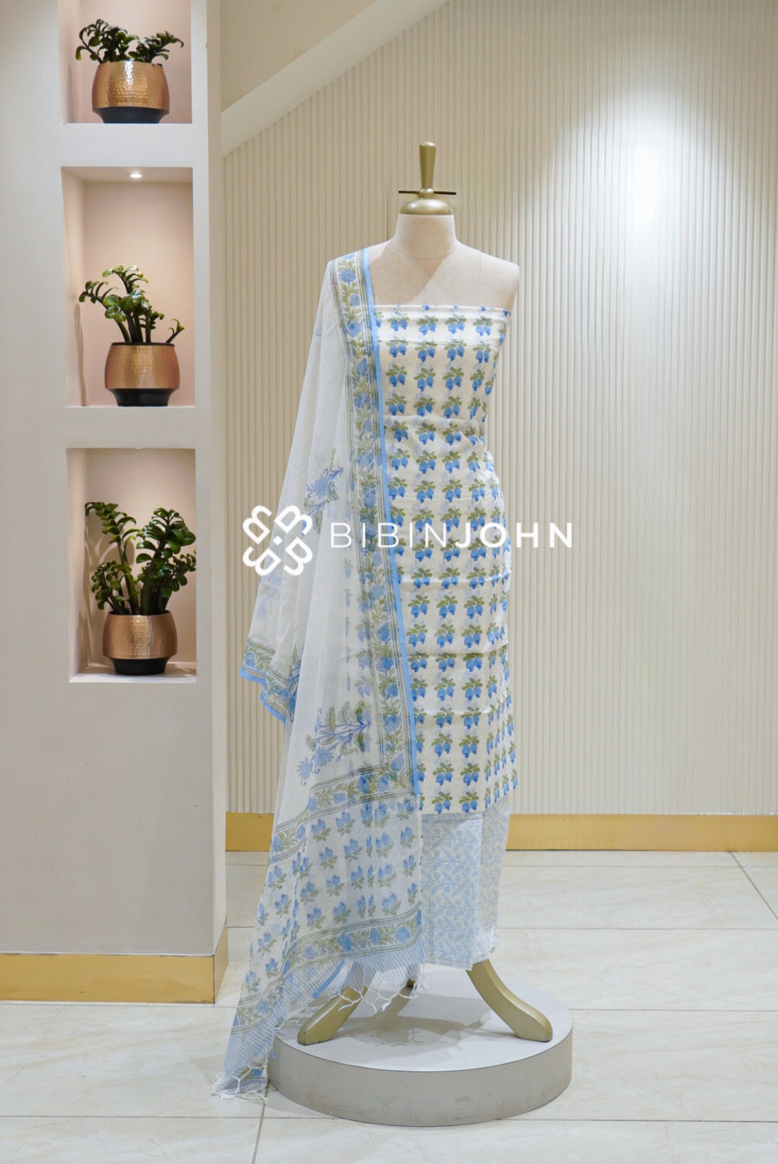 Printed Cotton Unstitched Salwar Suit Material White with Sky Blue BJ2801