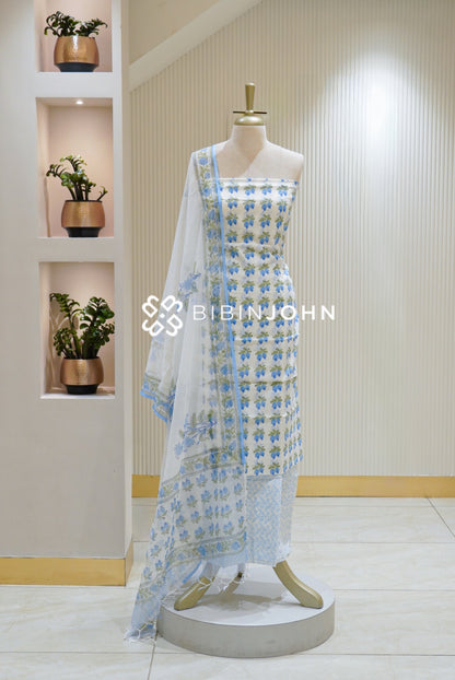 Printed Cotton Unstitched Salwar Suit Material White with Sky Blue BJ2801