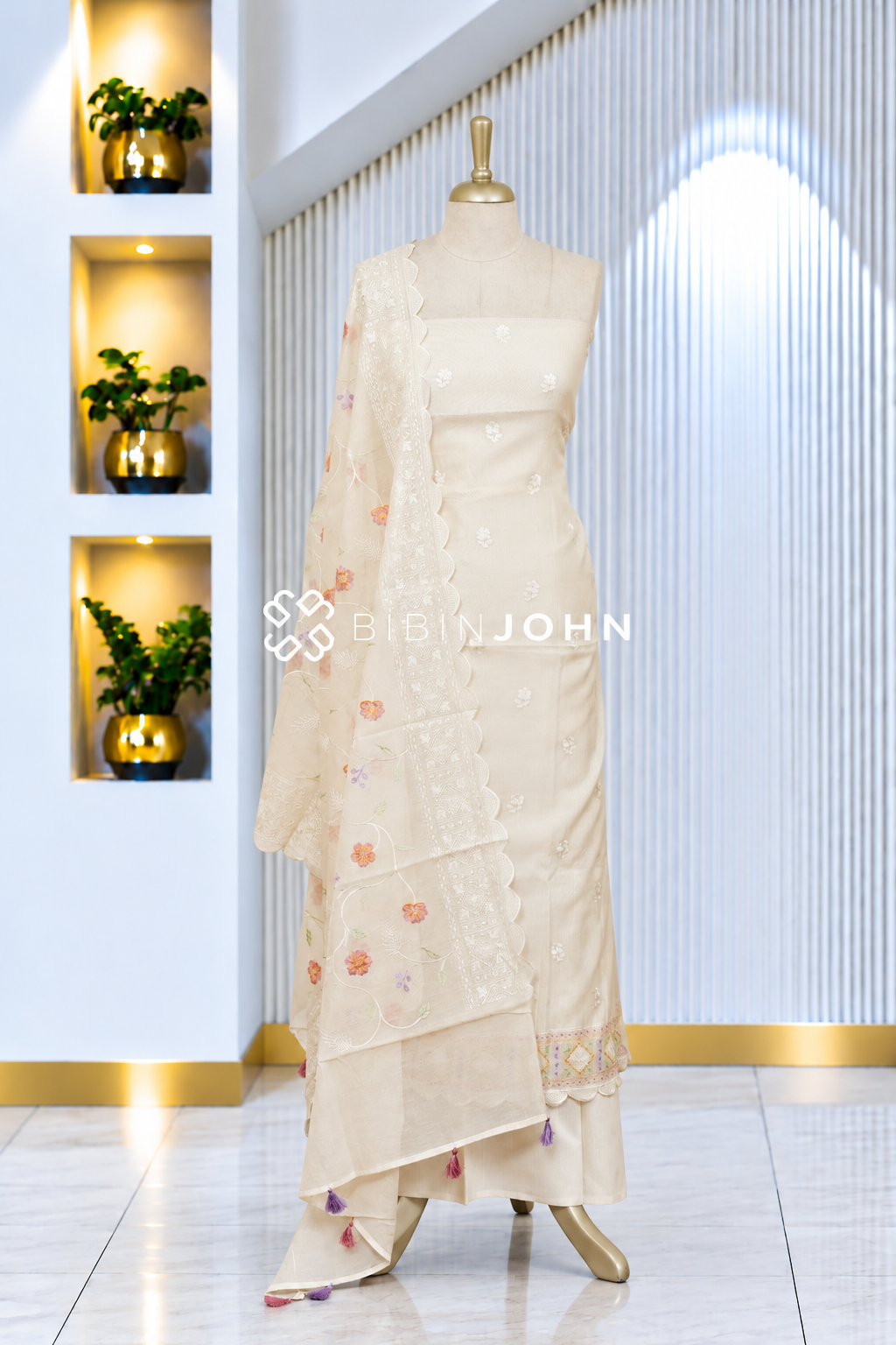 Chanderi Embroidery Unstitched Salwar Suit Material Ivory Cream BJ2083