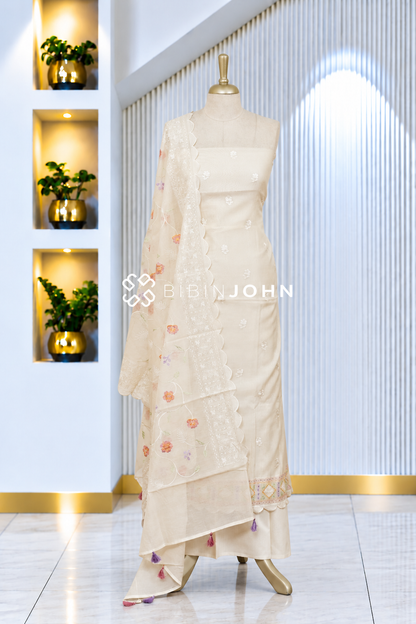 Chanderi Embroidery Unstitched Salwar Suit Material Ivory Cream BJ2083
