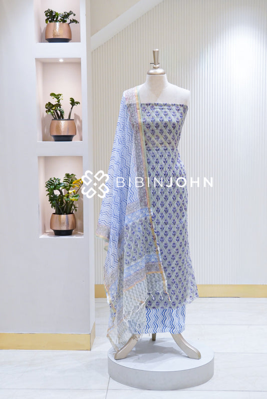 Printed Cotta Unstitched Salwar Suit Material Ivory White BJ1693
