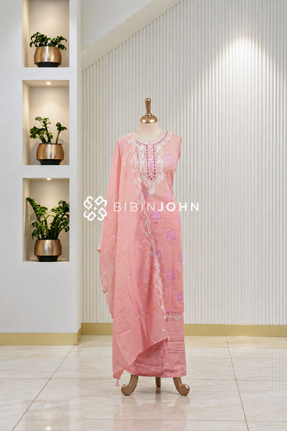 Cotton Embroidery Unstitched Salwar Suit Material Peach Pink BJ1828