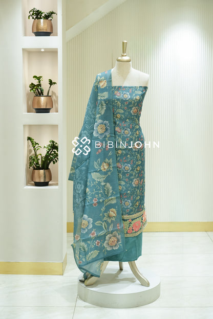 Chanderi Embroidery Unstitched Salwar Suit Material Teal Blue BJ2234