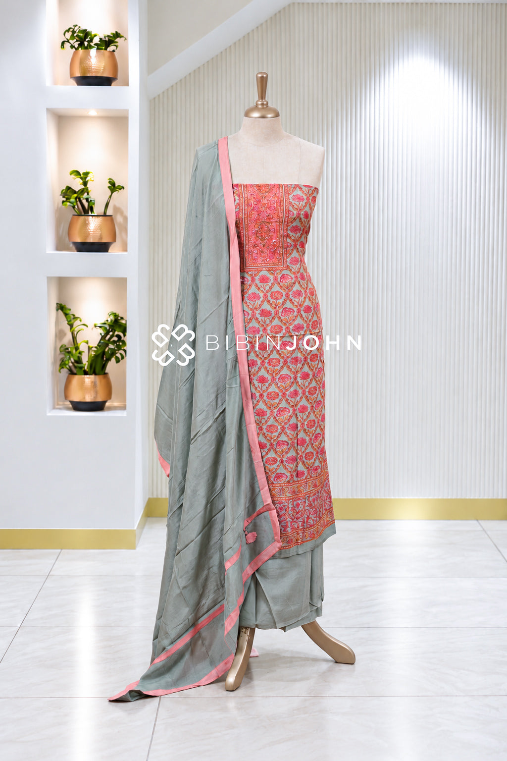 Printed Muslin Unstitched Salwar Suit Material Sage Green With Coral Pink BJ2016