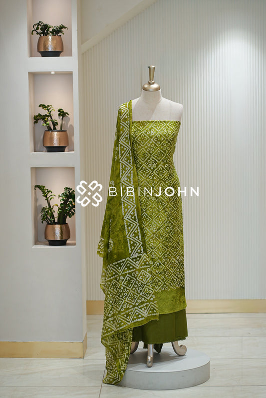 Batik Printed Chanderi Unstitched Salwar Suit Material Olive Green BJ2305