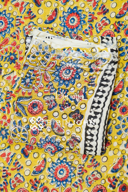 Cotton Linen Block Print Unstitched Salwar Suit Material Yellow BJ1123