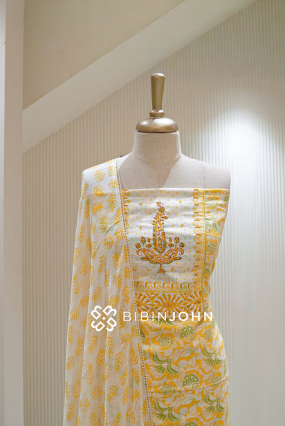 Cotton Embroidery Unstitched Salwar Suit Material White With Sunshine Yellow BJ2747