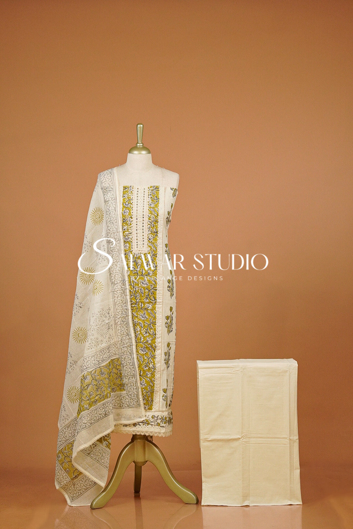 Cotton Embroidery Unstitched Salwar Suit Dress Material Off-White With Mustard Yellow AC0317
