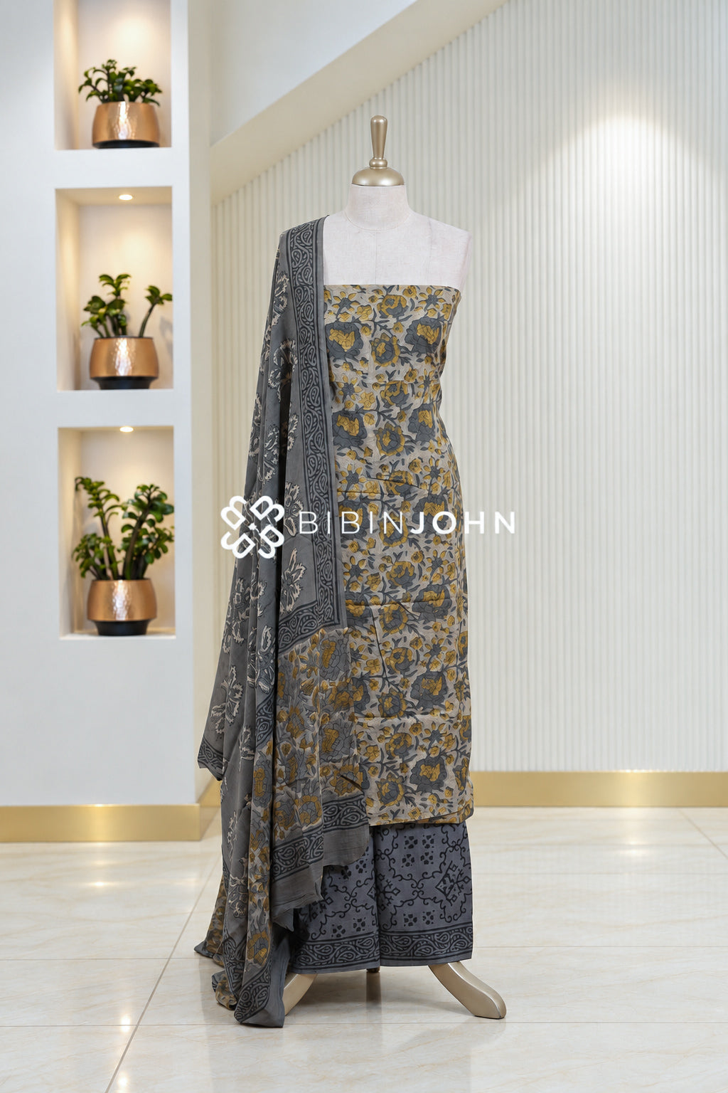 Cotton Ajrak Unstitched Salwar Suit Material  Light Grey BJ1832