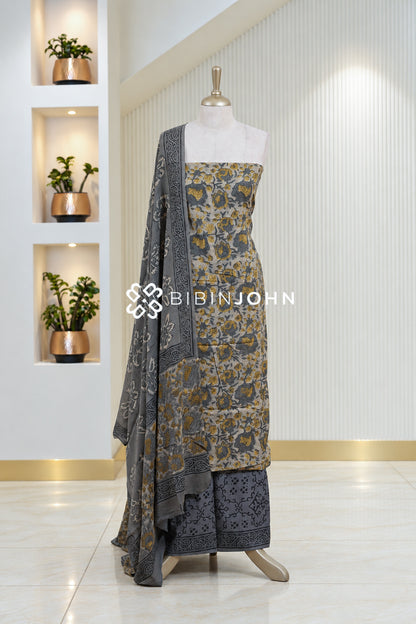 Cotton Ajrak Unstitched Salwar Suit Material  Light Grey BJ1832