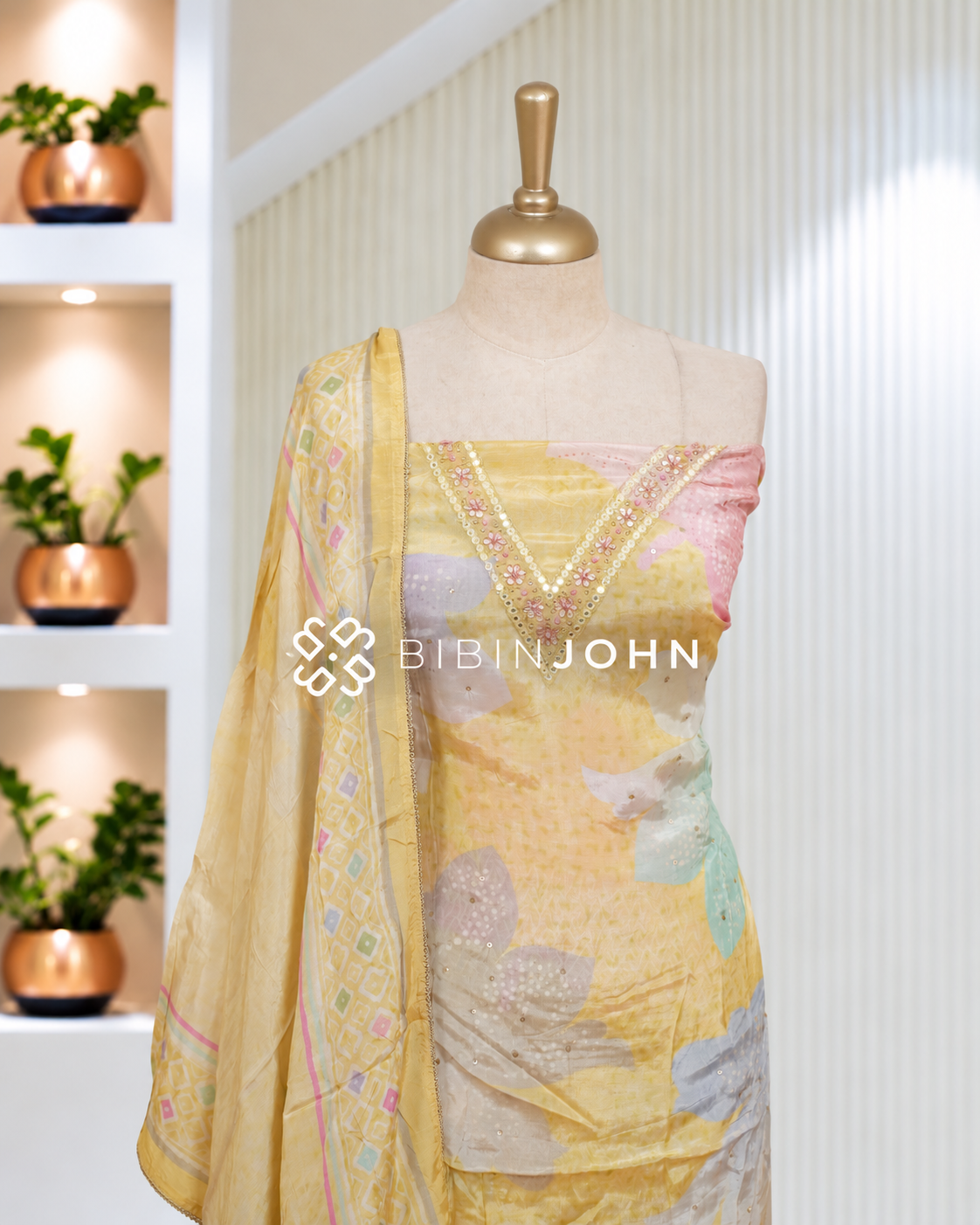 Muslin Embroidery Unstitched Salwar Suit Material Pastel Yellow BJ2090