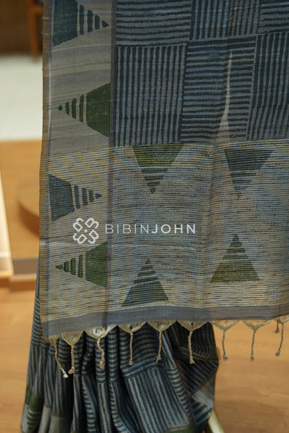 Printed Semi Tussar Saree For Women Slate Grey with Charcoal Grey BJ2459