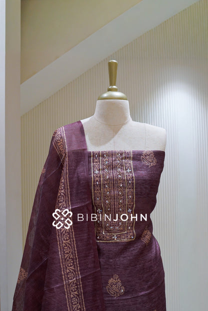 Semi Silk Embroidery Unstitched Salwar Suit Material  Deep Plum Purple BJ2535