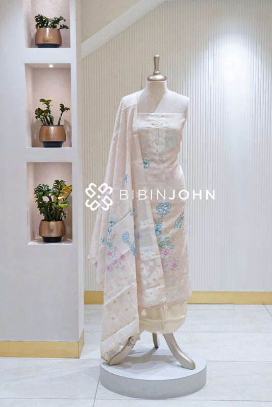 Silk Embroidery Unstitched Salwar Suit Ivory Cream BJ1717