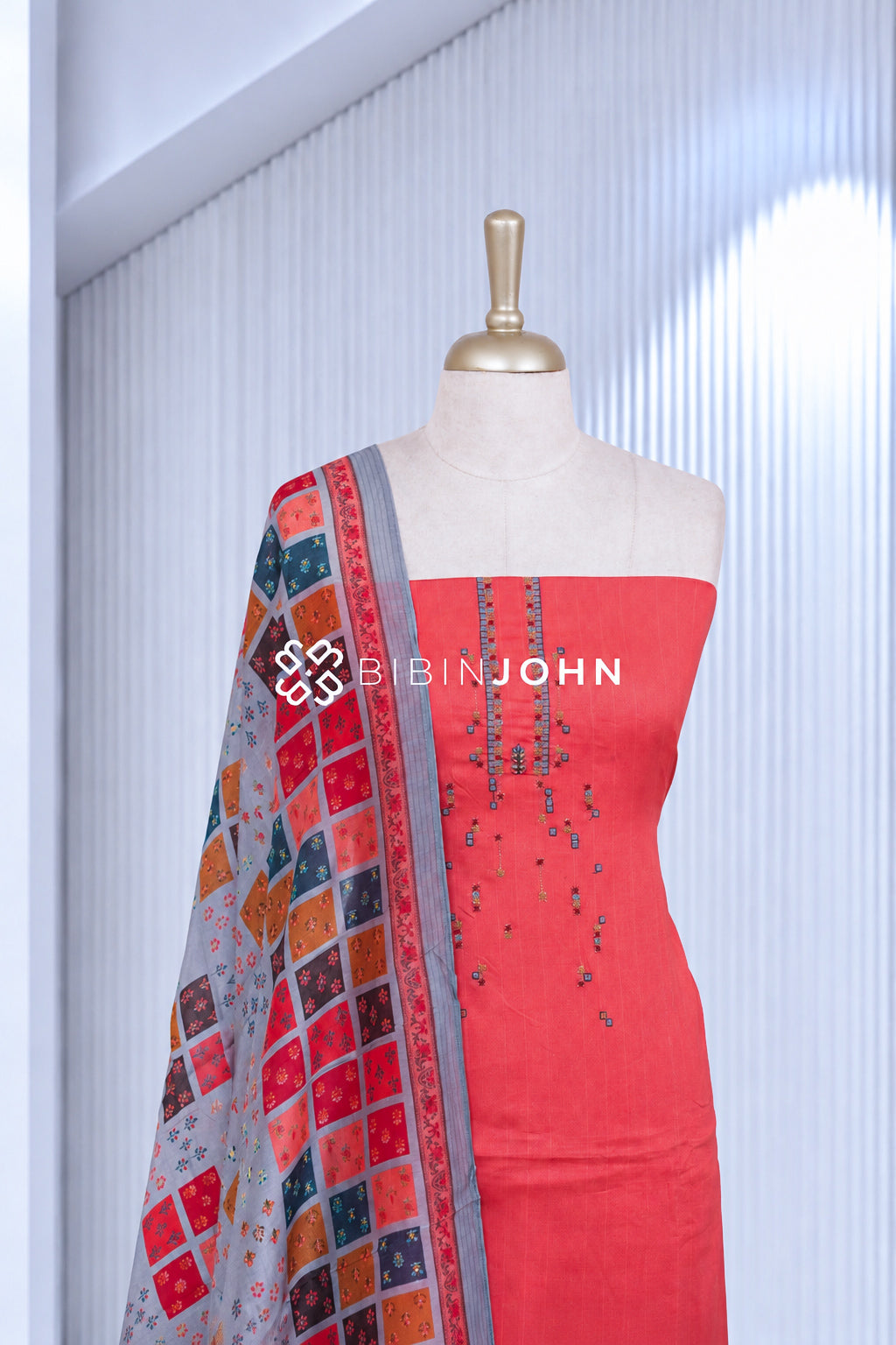Cotton Embroidery Unstitched Salwar Suit Material Coral Pink BJ2079