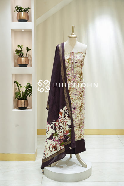 Semi Silk Embroidery Unstitched Salwar Suit Material Cream BJ2244