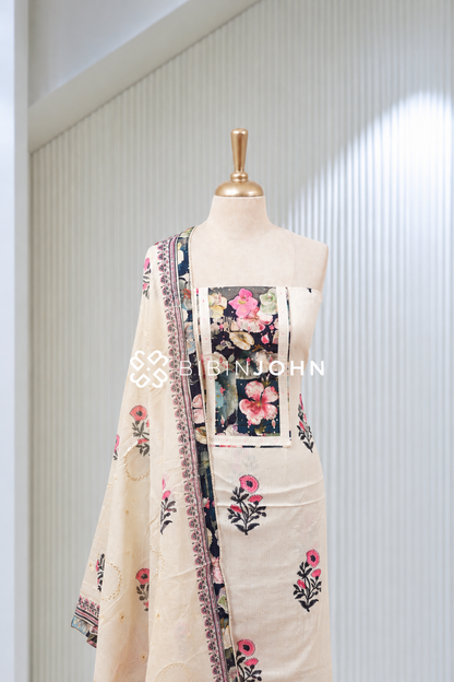 Cotton Embroidery Unstitched Salwar Suit Material Ivory Cream BJ2035