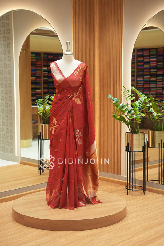 Semi Linen Weaving Saree For Women Rust Red BJ2152