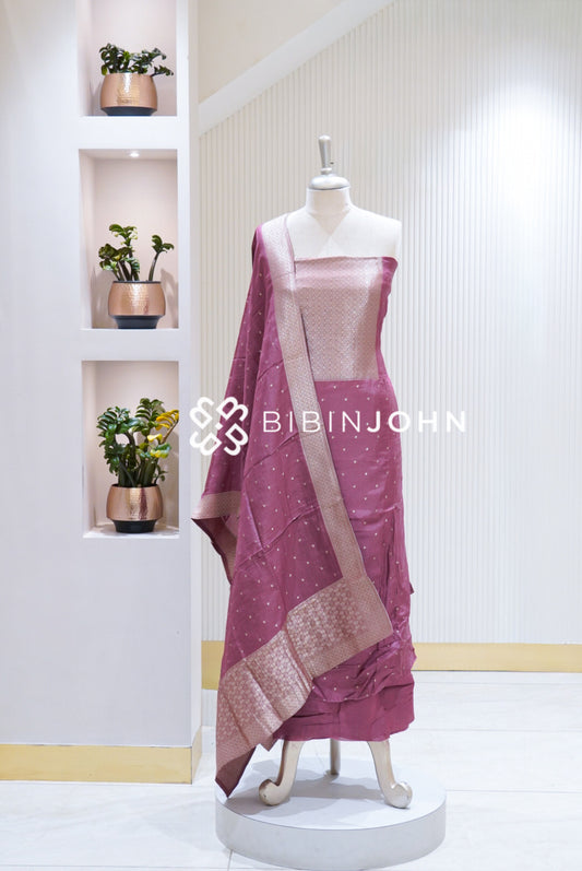 Silk Banarasi Unstitched Salwar Suit Materials Dusty Rose BJ1684